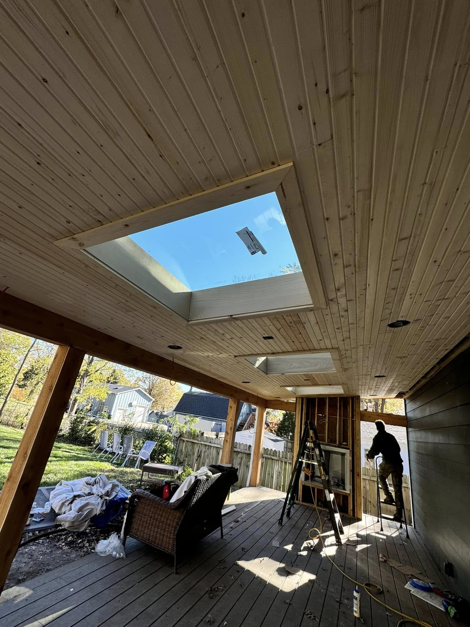Covered deck with skylight and tongue-and-groove ceiling