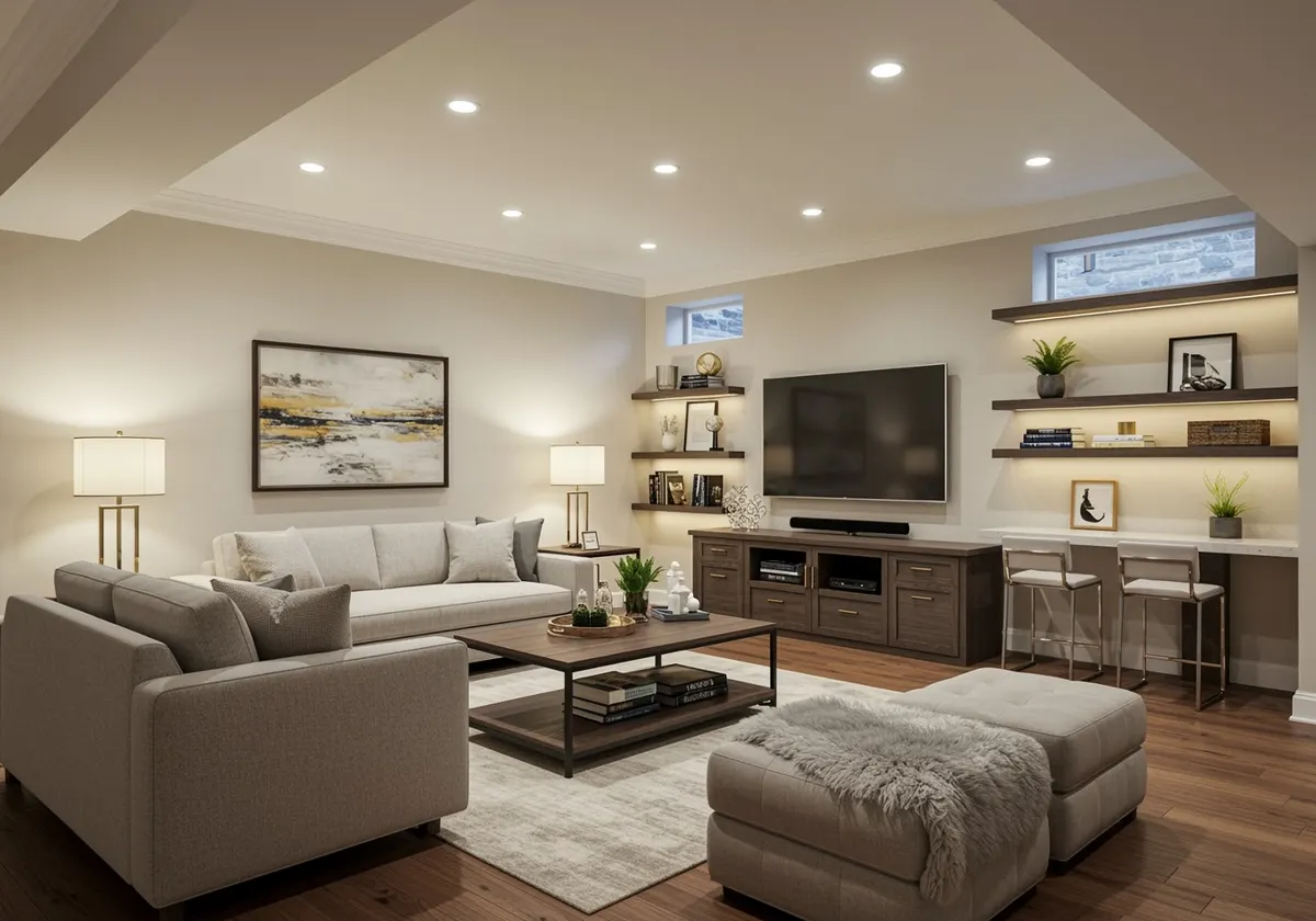Finished basement family room with recessed lighting, floating shelves, and a built-in desk