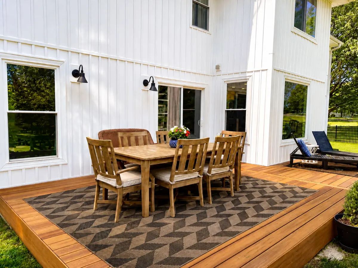 Composite deck with an outdoor dining area on a modern white farmhouse